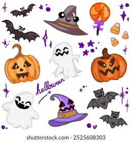 A cute Halloween-themed illustration featuring a variety of festive elements, perfect for seasonal designs and decorations. This playful design includes adorable characters such as bats, pumpkins, gho