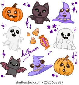 A cute Halloween-themed illustration featuring a variety of festive elements, perfect for seasonal designs and decorations. This playful design includes adorable characters such as bats, pumpkins, gho