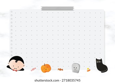 Linda Plantilla con temática de Halloween con un chico vampiro, calabazas y un gato negro. Perfecto para notas de Halloween o invitaciones. ¡Diversión de Halloween con el chico vampiro! Ilustración vectorial de fondo de Halloween.