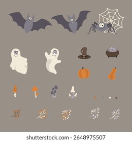 Conjunto vetor bonito com tema de Halloween com fantasmas de desenho animado, morcegos, uma aranha com teia, abóboras, um caldeirão fervente, um chapéu de bruxa, cogumelos. Perfeito para desenhos infantis, decoração festiva, cartões de felicitações.