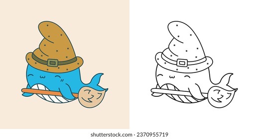 Cute HalloweenWhale Clipart Illustration and Black and White. Kawaii Clip Art Halloween Mammal Animal. Cute Vector Illustration of Halloween Kawaii Animal in Witch Costume. 