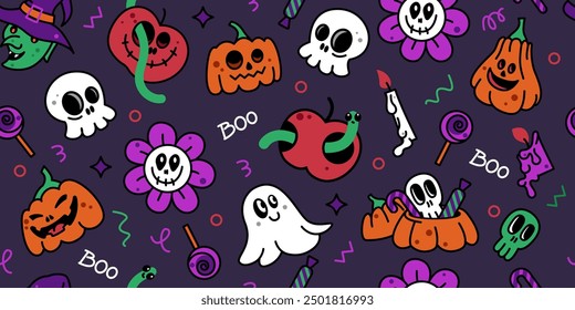 Cute Hallowen characters, objects seamless pattern. Funny faces, pumpkins, rotten apples, ghost, witch, creepy flower. Halloween doodles, stickers. Endless Vector illustration.
