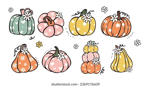 Cute Hallowen pumpkin cartoon doodle set with retro and groovy vibes. Perfect for adding a touch of nostalgia and creativity to your autumn and Halloween projects.