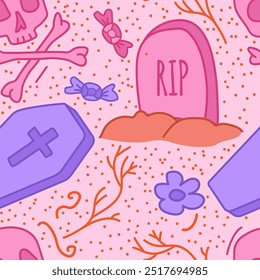 cute halooween pattern with grave and coffin. Stock vector illustration in cartoon style with outline.