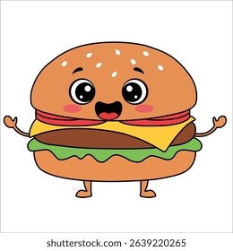 Cute hamburger cartoon with cheese, lettuce, tomato, and a smiling face