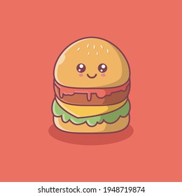 Cute Hamburger Cartoon Vector Icon Illustration.Food Icon Concept Isolated Premium Vector. Flat Cartoon Style