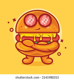 cute hamburger food character mascot with cool expression isolated cartoon in flat style design 