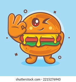 cute hamburger food character mascot with ok hand gesture isolated cartoon in flat style design 