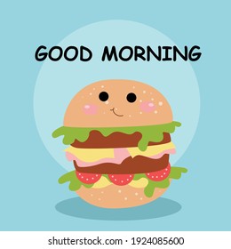 Cute hamburger good morning character vector template design illustration