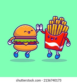 Cute Hamburger High Five mit Pommes frites Cartoon Vektorgrafik Illustration. Food Friend Icon Konzept isoliert Premium Vektorgrafik. Flachbildkartonstil