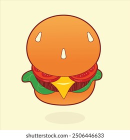 cute hamburger illustration, bun, tomato, cheese, beef, and lettuce.