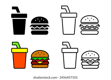 Cute hamburger and juice drink menu. Line drawing and solid color vector icon set material