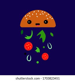 Cute hamburger kawaii with vegetables. Vector illustration