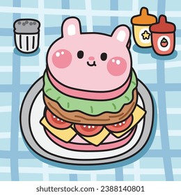 El conejo de hamburguesa lindo enfrenta el pan con salsa en el mantel. Dibujo de caricaturas de animales roedores. Comida rápida. Kawaii.Vector.Ilustración.