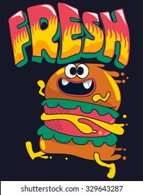 cute hamburger is running, vector design for kids tee