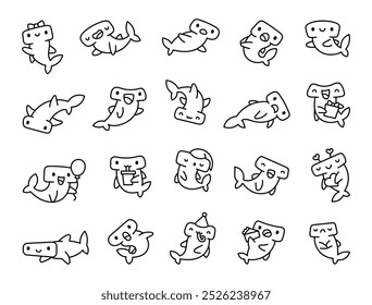 Cute hammerhead fish character. Coloring Page. Friendly cartoon sea shark. Hand drawn style. Vector drawing. Collection of design elements.