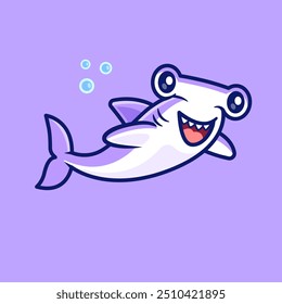 Cute Hammerhead Shark Fish Swimming Cartoon Vector Icon Illustration. Animal Nature Icon Concept Isolated Premium Vector. Flat Cartoon Style