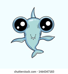 Cute hammerhead shark on isolated background. Kawaii cartoon character. Vector illustration.