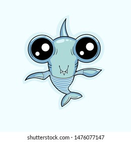 Cute hammerhead shark on isolated background. Kawaii cartoon shark sailor in a striped shirt. Vector illustration.