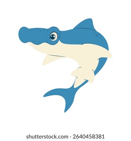 Cute hammerhead shark with a smiling face. Playful sea creature, ideal for kids' designs, games, and marine-themed decor.