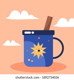 Cute hamsa hand mystic eye against evil and devil with stars, cinnamon on a tea cup with coffee, cacao, hot chocolate. Clouds on a background. Flat simple trendy illustration.