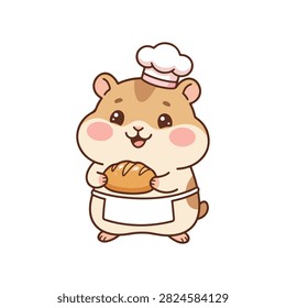 Cute hamster baker wearing a chef hat and holding fresh bread. A charming cartoon hamster dressed as a baker with a white chef's hat and apron holding a small loaf of bread on a white background. Ideal for bakery menus or children's cooking books.