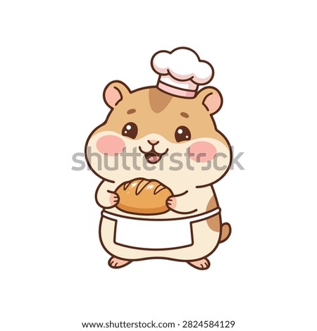 Cute hamster baker wearing a chef hat and holding fresh bread. A charming cartoon hamster dressed as a baker with a white chef's hat and apron holding a small loaf of bread on a white background. Ideal for bakery menus or children's cooking books.
