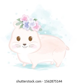 Cute hamster and bouquet hand drawn cartoon watercolor style illustration