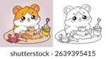 Cute hamster building a sandcastle, bucket, shovel and little crab nearby on the beach. Perfect for kids' coloring page. Main object and background are separated in different layers for easy editing.