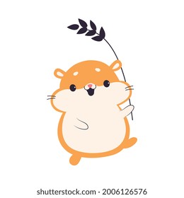 Cute Hamster Carrying Wheat Ear, Adorable Pet Animal Character Cartoon Vector Illustration