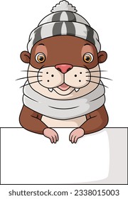 Cute hamster cartoon holding blank sign