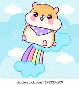 Cute hamster Cartoon jump on pastel rainbow isolated on pastel background: Series Kawaii animal pet vector (girly doodle) mammal Illustration. Perfect Nursery children, card baby shower girl, fabric.