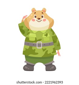 Cute hamster character in camouflage cartoon illustration. Serious animal soldier in military uniform saluting officer. Army, zoo, warrior concept
