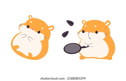 Cute Hamster Character with Stout Body Lying and Fry Sunflower Seeds Vektor Set