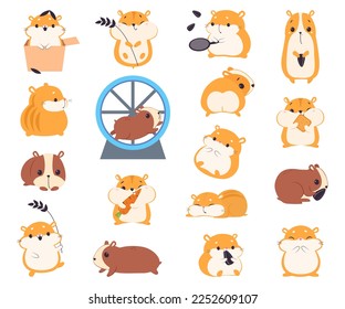 Cute Hamster Character with Stout Body Engaged in Different Activity Big Vector Set