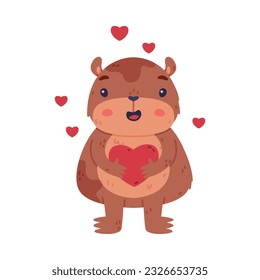 Cute Hamster Character with Stout Body Holding Red Heart Feeling Love Vector Illustration
