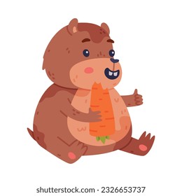 Cute Hamster Character with Stout Body Sitting and Eating Carrot Vector Illustration