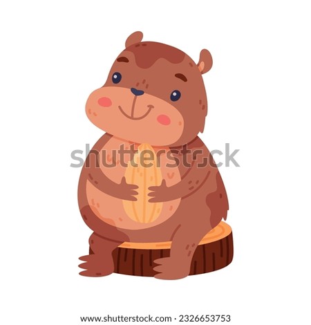 Cute Hamster Character with Stout Body Sitting on Tree Stump Eating Seed Vector Illustration