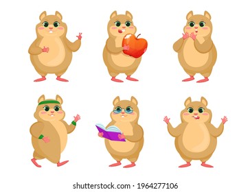 Cute hamster character vector illustrations set. Small cartoon animal standing, eating apple, reading book, doing sports isolated on white background. Animals, pets, mascot concept