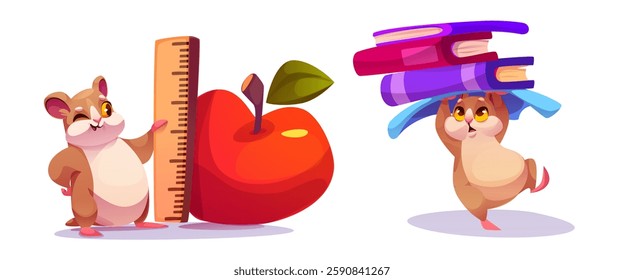 Cute hamster characters set isolated on white background. Vector cartoon illustration of funny animal measuring apple with ruler, carrying heavy stack of books, school education mascot, rodent pet