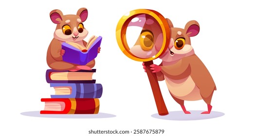 Cute hamster characters in study activities - reading pet sitting on book stack, curious rodent holding magnifying glass. Adorable educational mascots with learning elements for back to school design.