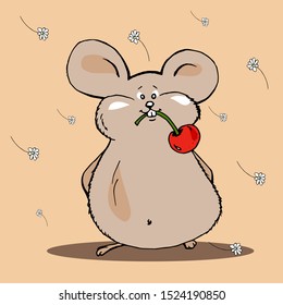 Cute hamster with a cherry in his mouth cartoon hand drawn vector illustration. Can be used for t-shirt print, kids wear fashion design, baby shower invitation card