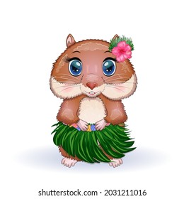 Cute hamster dancer hula, hawaii, summer concept, hamster cartoon characters, funny animal character.