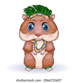 Cute hamster dancer hula, hawaii, summer concept, hamster cartoon characters, funny animal character.