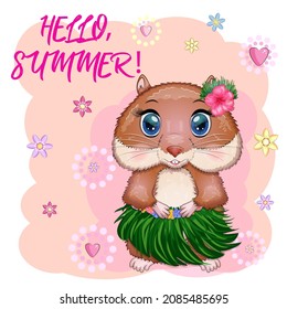 Cute hamster dancer hula, hawaii, summer concept, hamster cartoon characters, funny animal character.