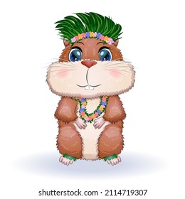 Cute hamster dancer hula, hawaii, summer concept, hamster cartoon characters, funny animal character.