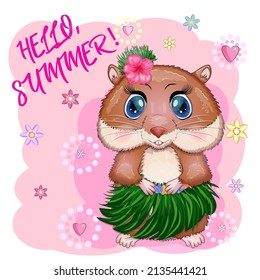 Cute hamster dancer hula, hawaii, summer concept, hamster cartoon characters, funny animal character.