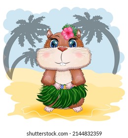 Cute hamster dancer hula, hawaii, summer concept, hamster cartoon characters, funny animal character.