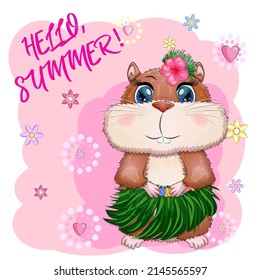 Cute hamster dancer hula, hawaii, summer concept, hamster cartoon characters, funny animal character.
