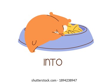 Cute Hamster demonstriert englische Präposition von Richtung und Ort durch Klettern in Schüssel. Helles Tier mit Inschrift einzeln auf weißem Hintergrund. Kinder bunte flache Vektorgrafik
